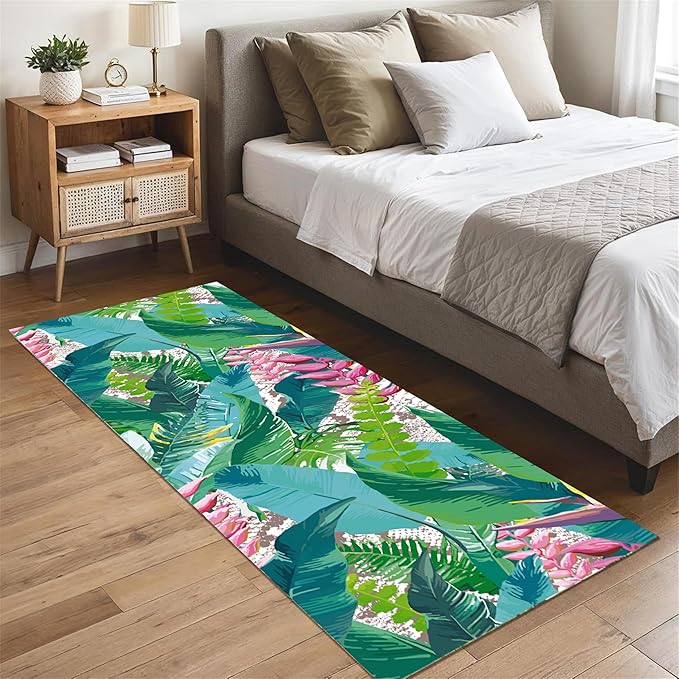 Tropical Rug Runner 2x8ft - Non-Slip Durable Floral Leaf Pattern Carpet for Hallway, Stairs, Entryway, Easy Clean Floor Decor