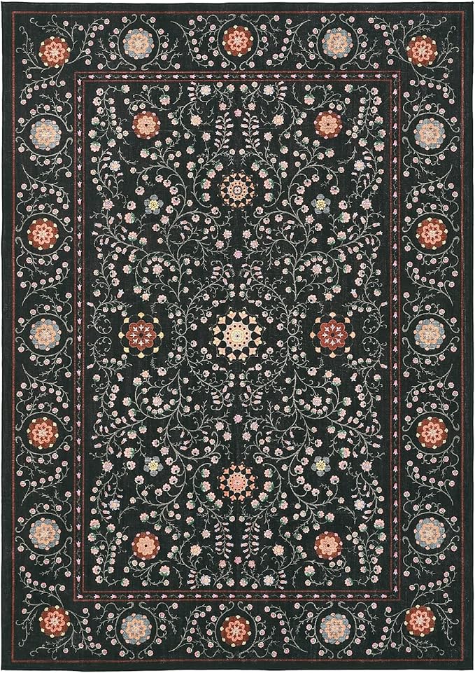 GarveeHome Boho 6x9 Area Rug for Living Room, Floral Vintage Rugs for Bedroom with Soft Low Pile, Non Slip Stain Resistant Botanical Washable Rug 6x9 for Dining Room Black Carpet for Dorm Office