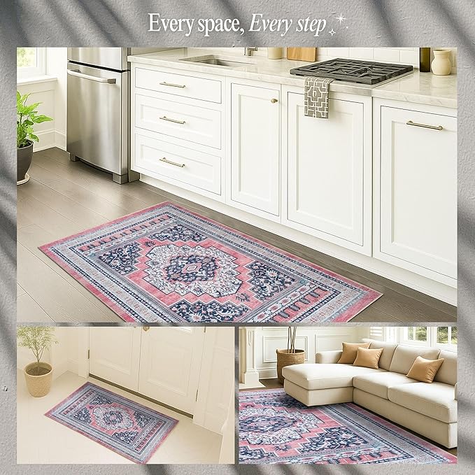 Fame Rugs Turkish Rug. Washable Vintage Oriental Antique Inspired Traditional Doormat Small Modern Area Rugs Luxury Entryway Entry Bedroom Bathroom Kitchen (399TN, 2'5 x 13'1)