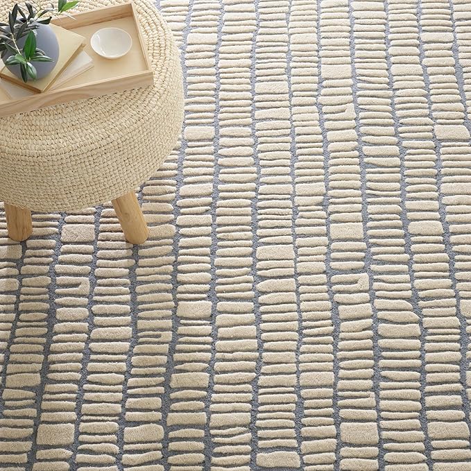 Dash and Albert Roark Pewter Blue Hand Tufted Wool Rug, 5 X 8 Feet, Blue/Ivory Geometric Pattern - Premium Luxury Hotel Quality Soft Breathable Hypoallergenic Machine Washable Easy Care All Season