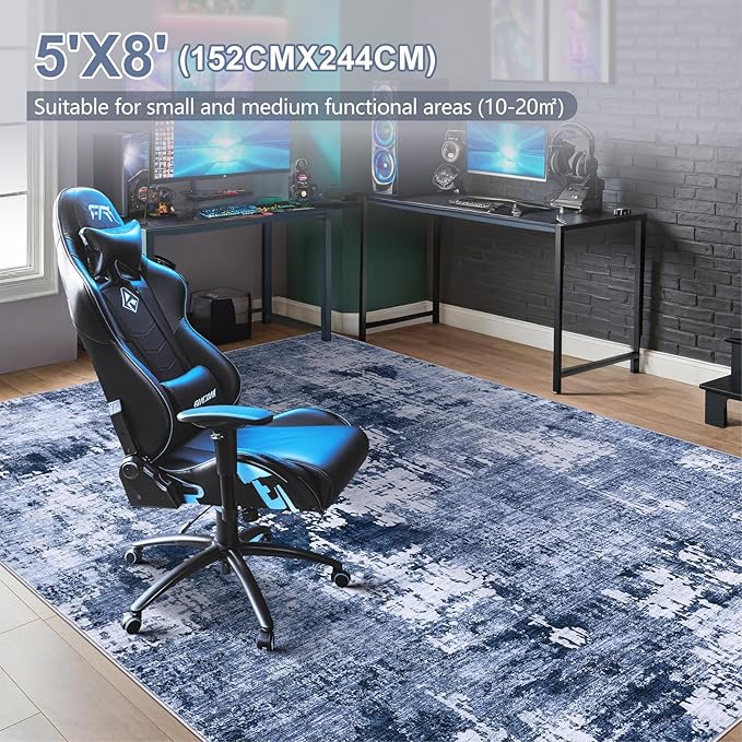Area Rug Living Room Rugs - 5x8 Washable Large Soft Indoor Neutral Modern Abstract Low Pile Rug Carpet for Bedroom Dining Room Farmhouse Home Office - Navy Blue