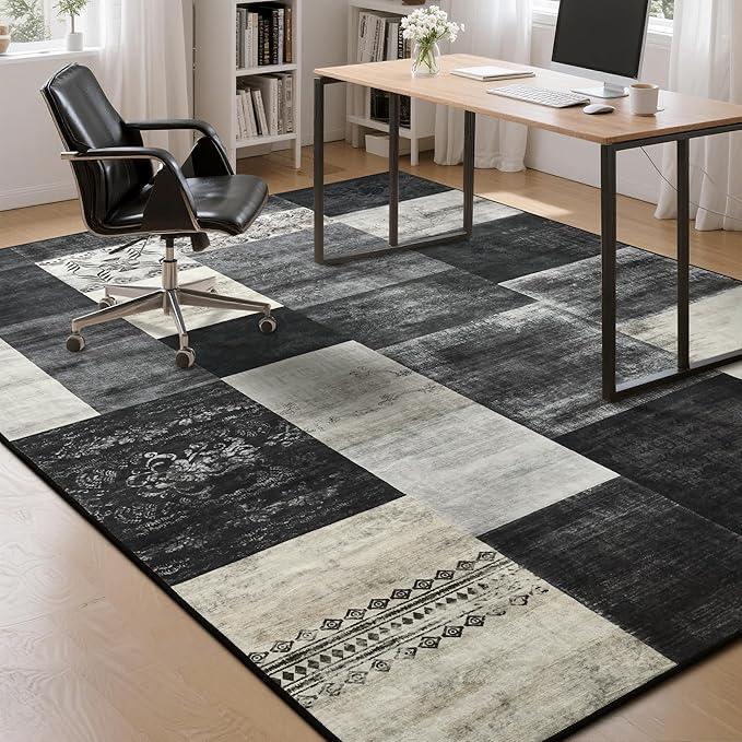 Tepook Modern Area Rug for Living Room, 5x7 Geometric Large Rugs for Bedroom, Washable Patchwork Rug Indoor Non-Slip Throw Carpets for Dining Room Office Farmhouse Home Decor, Black and White