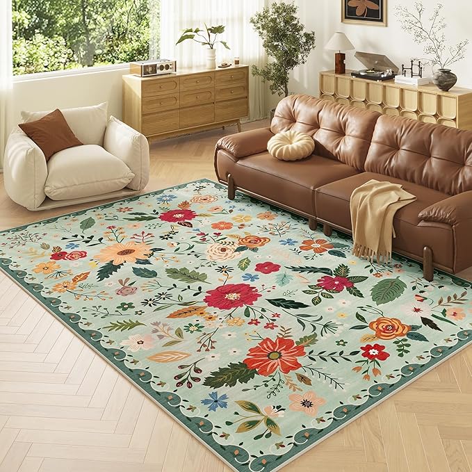 5x7 Washable Rug for Living Room, Green Floral Area Rug, Non Slip Low Pile Soft Flower Carpet, Large Rugs for Bedroom, Dining Room, Office, Kids Playroom, Nursery, Sage Green