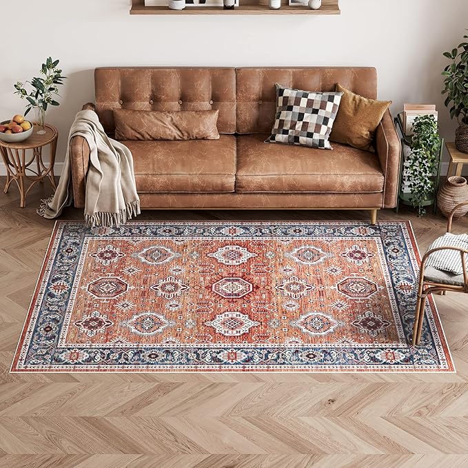 Dripex Vintage Washable Area Rug - 4x6 Distressed Rugs for Living Room Bedroom Oriental Medallion Floral Print Carpet Low-Pile Indoor Soft Non-Slip Accent Rug Farmhouse Office Home Decor