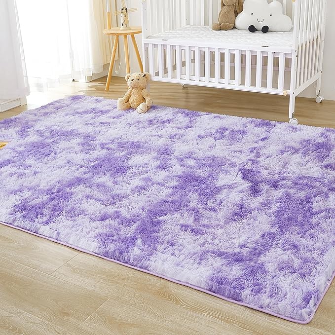Andency Soft Area Rugs for Living Room Bedroom, 3x5 Non-Slip Fluffy Shag Carpet, Indoor Floor Fuzzy Shaggy Living Room Plush Rug for Kids Dorm Nursery Home Decor Aesthetic, Tie-Dyed Purple