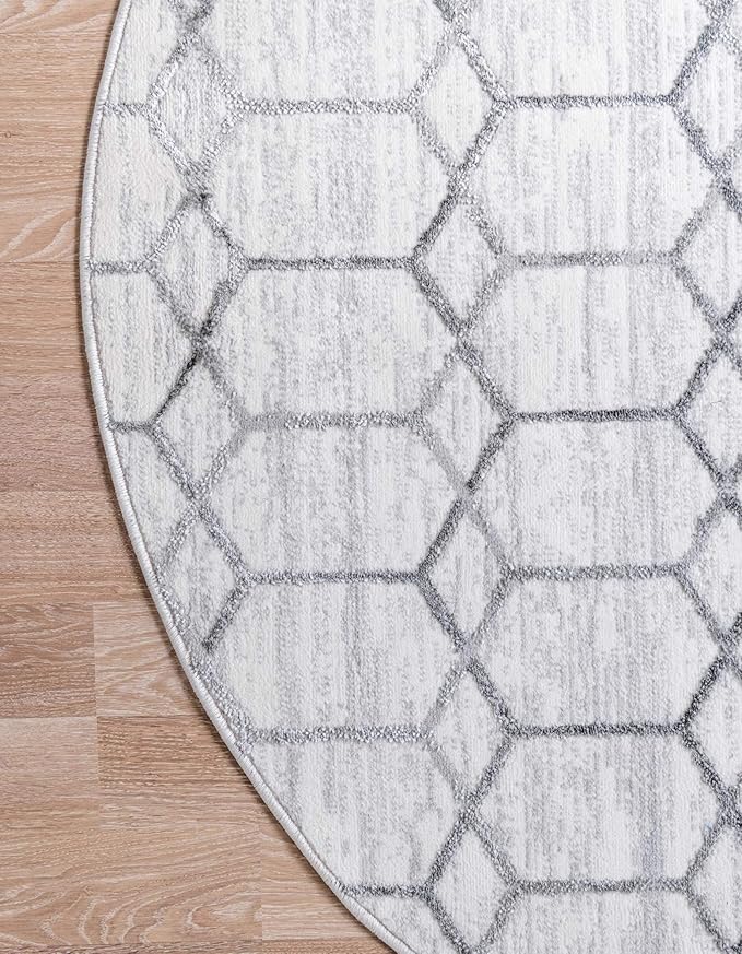 Rugs.com Lattice Trellis Collection Rug – 8 Ft Round White Low-Pile Rug Perfect for Kitchens, Dining Rooms