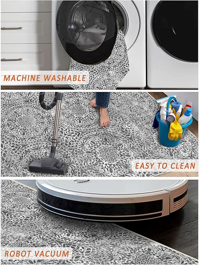 vivorug 3x5 Rug, Small Area Rug for Living Room, Bedroom, Kitchen, Machine Washable Non-Slip Throw Rug, Vintage Medallion Carpet for Entryway Nursery Coffee Table - Durable (Grey)