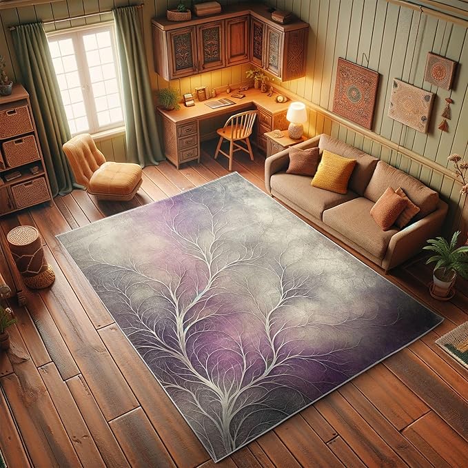Ambesonne Branches Decorative Rug, Modern Abstract Concept Dreamy Clouds Back Leafless Tree Silhouette, Quality Carpet for Bedroom Dorm and Living Room, 5' 1" X 7' 5", Pale Purple Grey Mauve