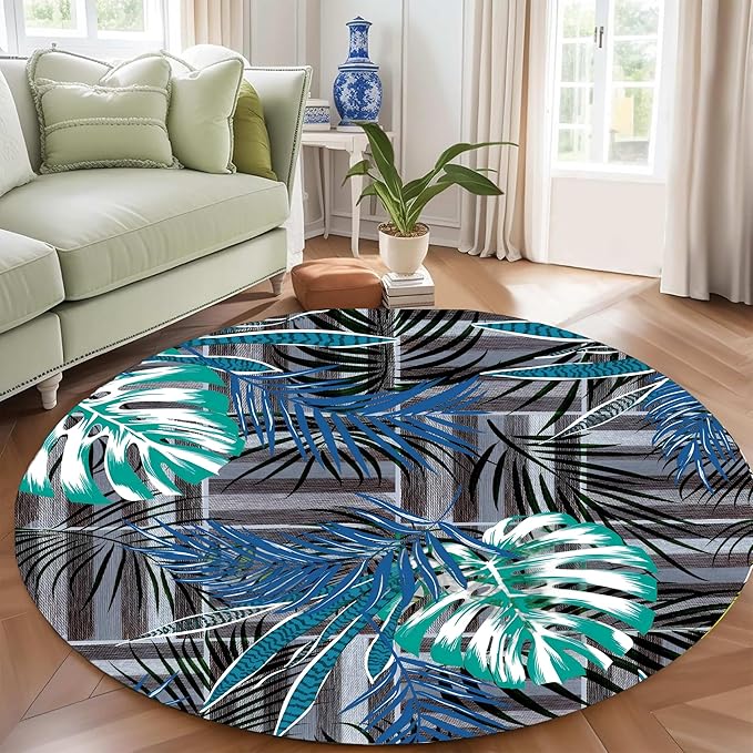 Round Area Rug 3.3ft - Abstract Palm Leaf Pattern, Non-Slip Machine Washable Low Pile Carpet for Bathroom, Living Room, Bedroom, Entryway, Durable Indoor Floor Mat