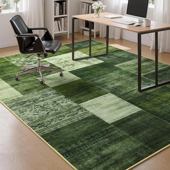 Tepook Modern Area Rug for Living Room, 8x10 Geometric Large Rugs for Bedroom, Washable Patchwork Rug Indoor Non-Slip Throw Carpets for Dining Room Office Farmhouse Home Decor, Green