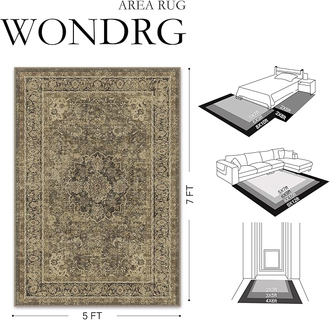 6x9 Brown Washable Vintage Area Rug for Living Room Bedroom Soft Tranditional Non Slip Large Throw Rug Lightweight Floral Low Pile Distressed Carpet Office Playroom Dining Laundry Room