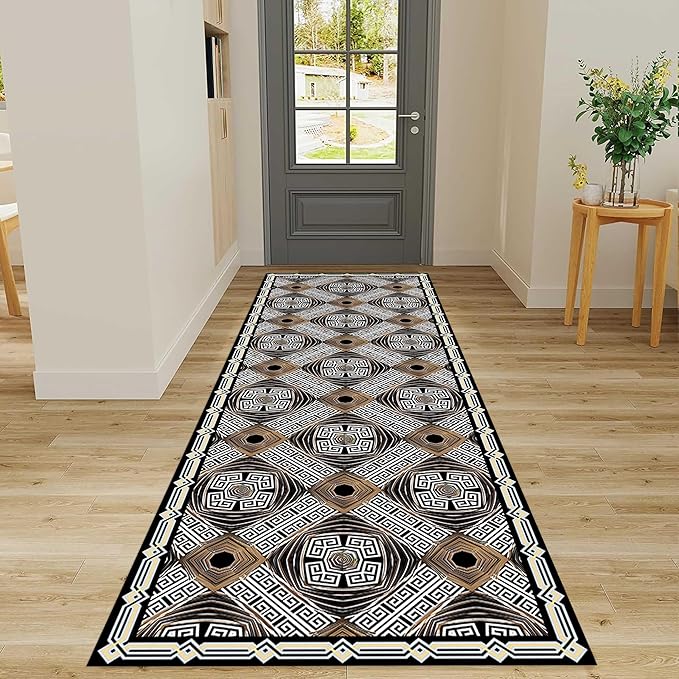 Classic Geometric Runner Rug, 2x8ft, Greek Key Print Runners Rugs, Vintage Moroccan Checkered Carpet, Cozy Short Pile No Crease Farmhouse Rugs for Living Room Laundry