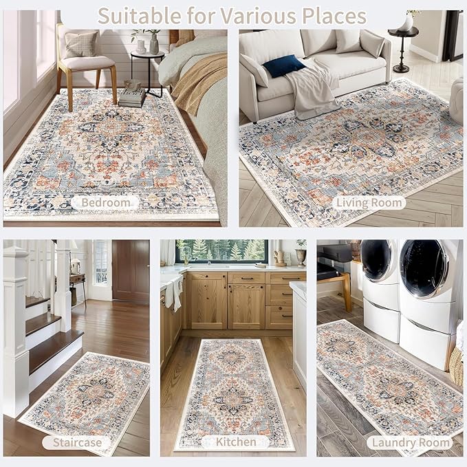Enkor Area Soft Rugs 6x9 Washable Non Slip Boho Floor Rugs for Living Room Bedroom, Vintage Style Farmhouse Mat for Kitchen Entryway Orange & Black