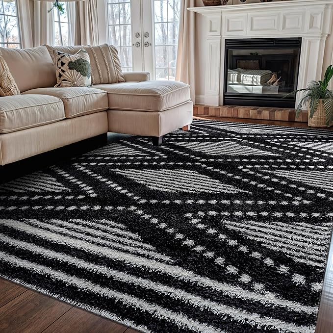 Rugshop Geometric Shag Area Rug Anthracite Dark Gray and White 5' x 7' Great for Bedrooms, Living Rooms, or Under Coffee Tables