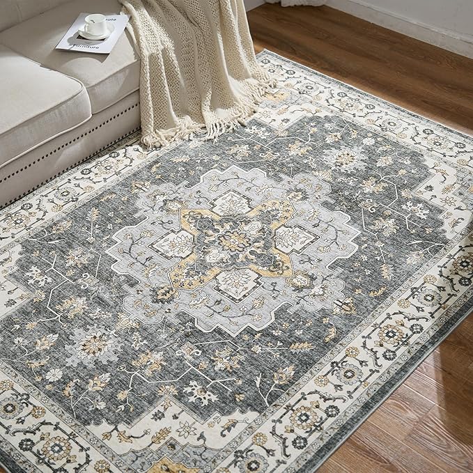 jinchan Area Rug 5x7 Vintage Washable Bedroom Rug Floral Medallion Lightweight Non Slip Thin Retro Classic Soft Boho Floor Cover Farmhouse Carpet for Living Room Dining Room Kitchen Grey