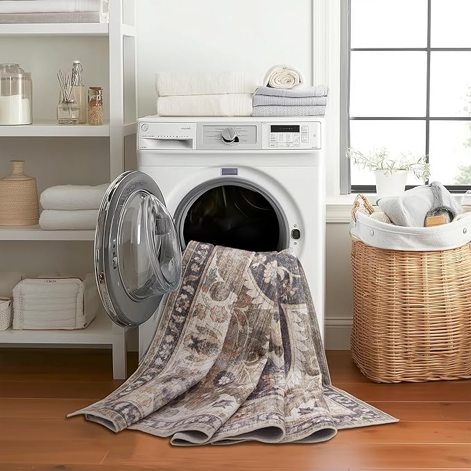 ReaLife Rugs Machine Washable Area Rug - Living Room Bedroom Bathroom Kitchen Entryway Office - Padded Crease Free Stain Resistant Premium - Boho Farmhouse Vintage- Joy - Brown Tan - 2'x 3'