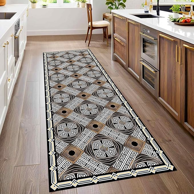 Classic Geometric Runner Rug, 2x6ft, Greek Key Print Runners Rugs, Vintage Moroccan Checkered Carpet, Cozy Short Pile No Crease Farmhouse Rugs for Living Room Laundry