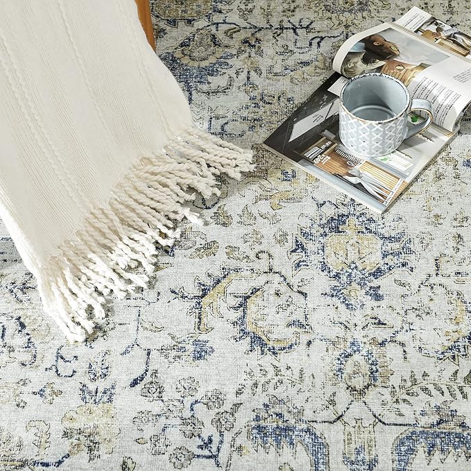 jinchan Kalen Runner Rug 2x7 Washable Hallway Rug Vintage Runner Indoor Floor Cover Thin Retro Distressed Floral Country Non Slip Carpet for Entryway Bathroom Kitchen Bedroom Living Room Stairway Blue