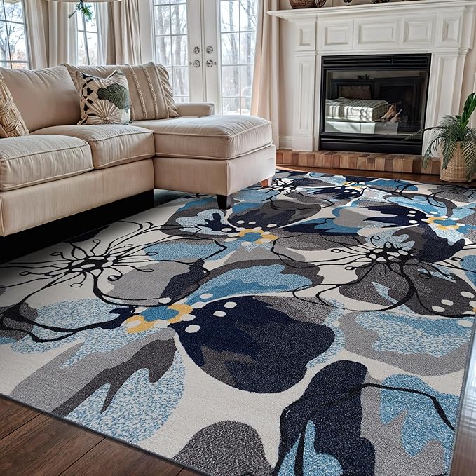 Rugshop Contemporary Gray-Blue Large Floral Non-Slip Area Rug 5' x 7' - Stylish Accent