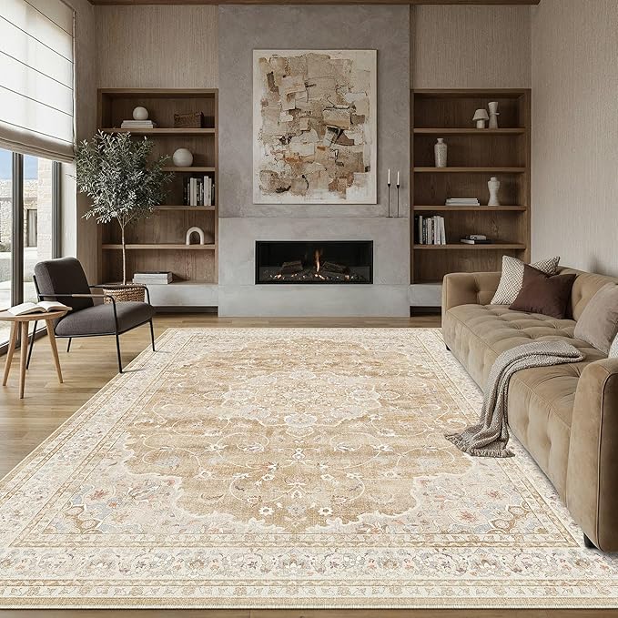 HUGEAR Machine Washable Area Rugs 9x12 Vintage Beige Brown Living Room Bedroom Rug Neutral Style Non Slip Stain Resistant Low Pile Throw Carpet for Home Retro Aesthetic Modern Decor