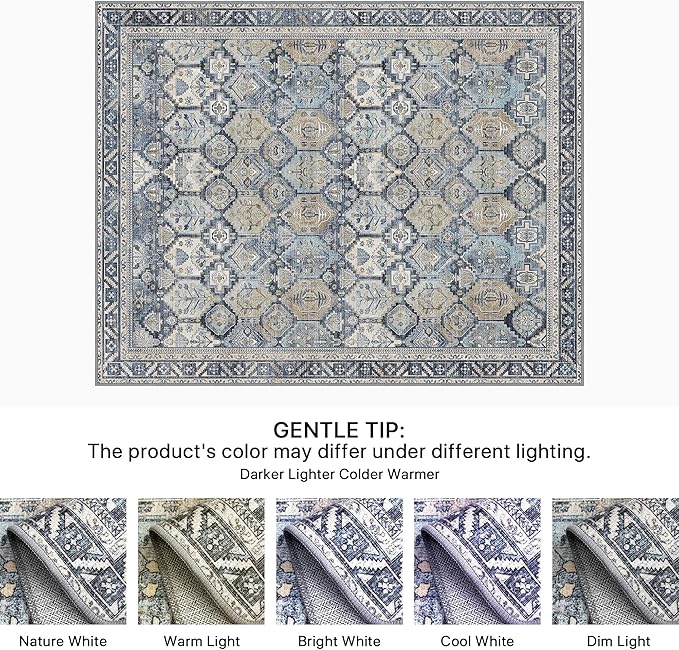 Bavni Kitchen Rug 2x5 Runner Rugs for Hallways Entryway, Washable Vintage Print Carpet, Ultra-Thin Chenille Low Pile Lightweight Rug with Non Slip Backing, Blue