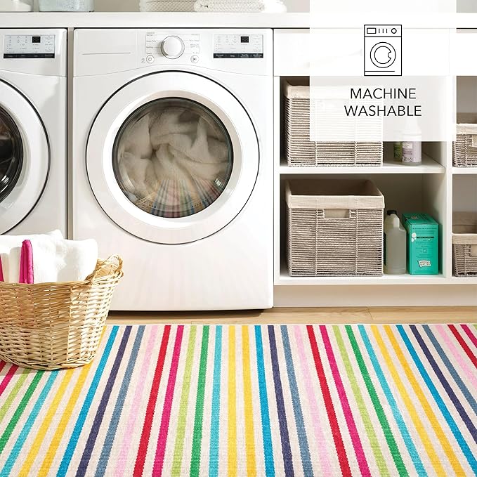 Dash and Albert Rainbow Machine Washable Area Rug - 3' x 5' Multicolor Stripe Washable Accent Rug - Durable, High Traffic Areas Kitchen, Mudroom, Hallways