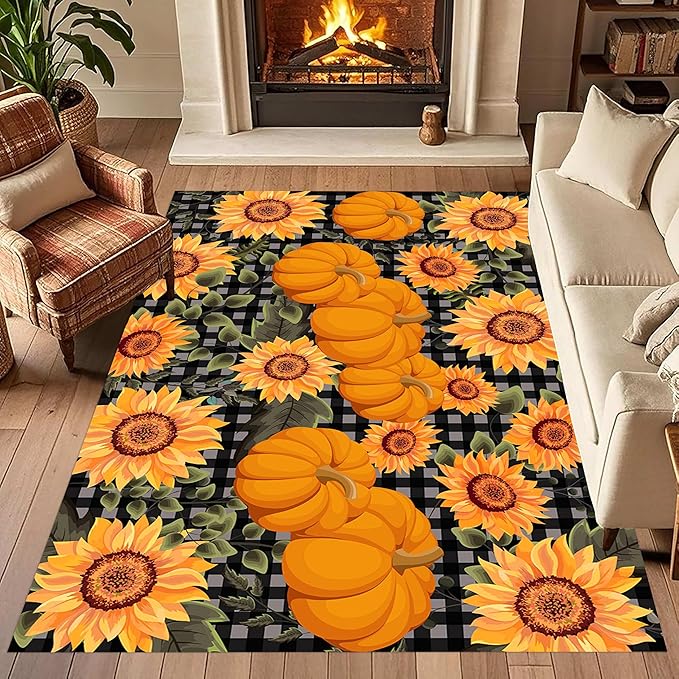 Autumn Style Area Carpet, 4x5ft, Checkered with Sunflower and Pumpkin Fall Harvest Large Flower Rug, Fluffy Short Pile Rubber Backed Farmhouse Door Mat for Study Room Front Door
