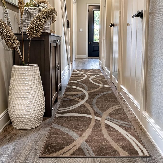 Rugshop Modern Wavy Circles Design Runner Rug, Non-Shedding Carpet for Hallway, Entryway, or Kitchen, Brown, 2'7" x 10'