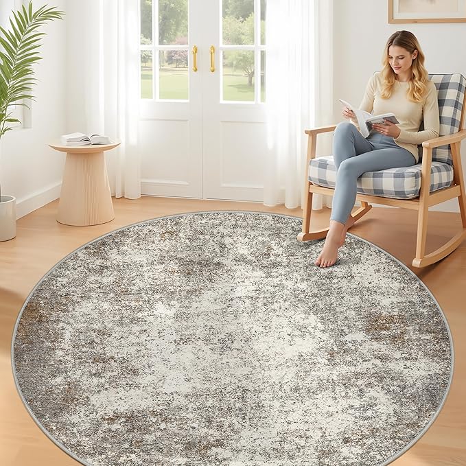 6ft Washable Round Rug - 6x6 Area Rugs Modern Abstract Rugs for Living Room Non-Slip Low Pile Soft Machine Washable Carpet for Bedroom, Living Room, Dining Room, Nursery, Farmhouse (6'x6' Brown Grey)