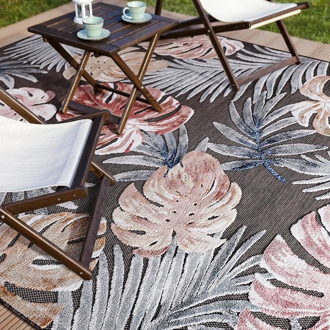 CAMILSON Indoor Outdoor Rug, Brown 5x7 Leaf Tropical Botanical Area Rugs for Indoor and Outdoor patios, Easy-Cleaning Non-Shedding Living Room, Garden and Kitchen Washable Outside Carpet (5 x 7)