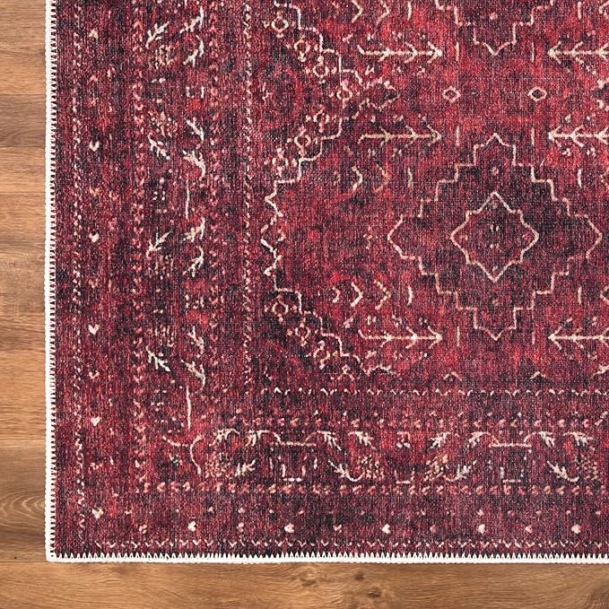 Bloom Rugs Washable Non-Slip 10 ft Runner - Dark Red Traditional Bordered Runner for Entryway, Hallway, Bathroom, and Kitchen - Exact Size: 2.5' x 10'
