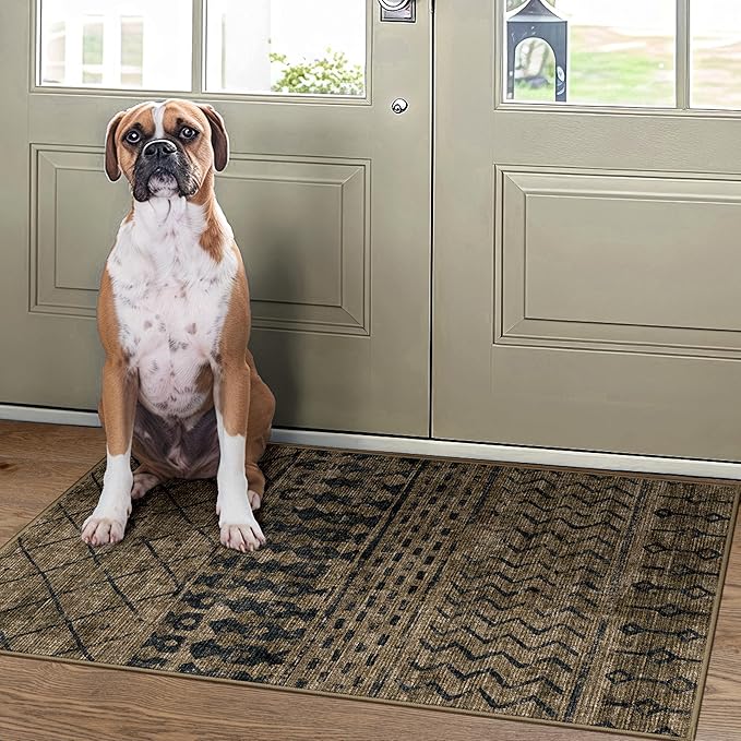 2x3 Machine Washable Area Rug for Entryway, Brown Black Vintage Moroccan Rug Non-Slip Low Pile Soft Faux Wool Small Carpet, Kids and Pets Friendly for Bedroom Kitchen Hallway Bedside Home Decor Rug