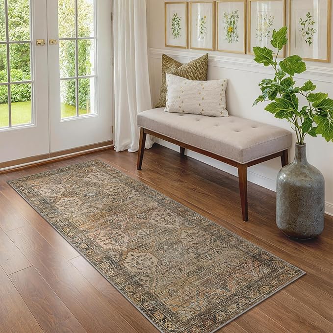 Bavni Kitchen Rug 2x6 Runner Rugs for Hallways Entryway, Washable Vintage Print Carpet, Ultra-Thin Chenille Low Pile Lightweight Rug with Non Slip Backing, Warm Taupe
