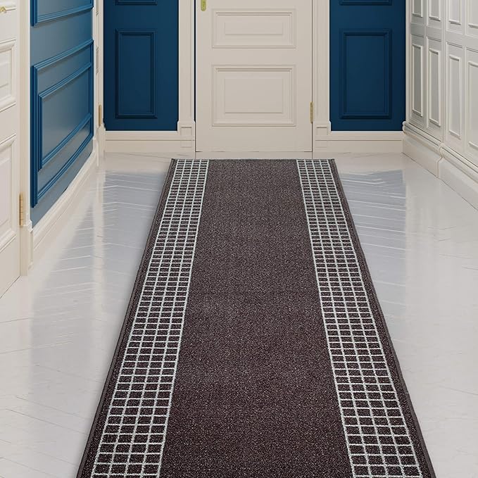 Custom Made Runner Rug for Kitchen Foyer Hallway Entry Choose Your Length 26 Inch Wide Geometric Checkered Design Brown Color (27 feet x 26 inch)