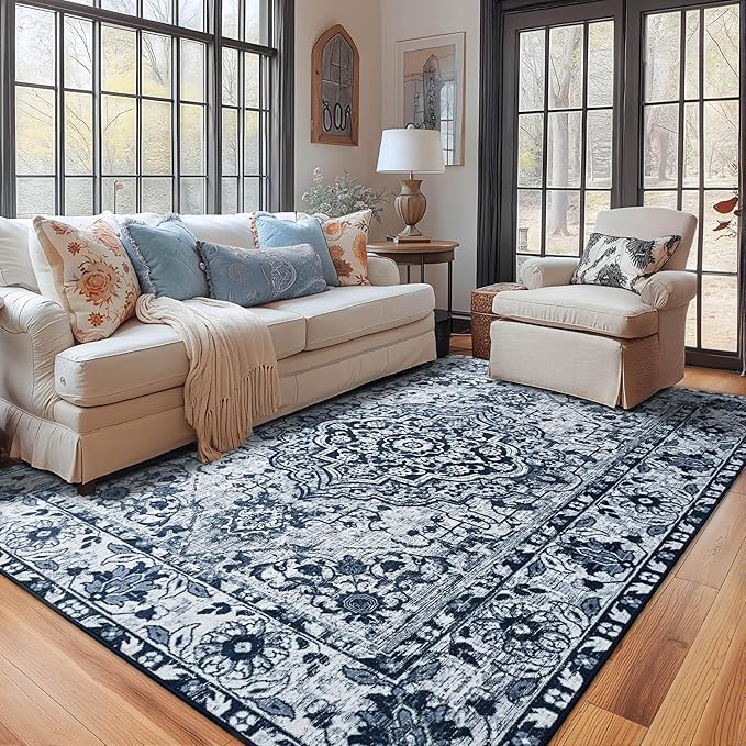 YJ.GWL Area Rugs for Living Room 4x6 Machine Washable Rugs for Bedroom, Non Slip Floral Vintage Rug Indoor Carpet, Stain Resistant Throw Rug for Dining Room Kitchen, Navy Blue