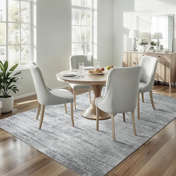 Minimalist Abstract Area Rug for Dining Room Under Table Grey Nursery 5x8 Rug Non Slip Washable Low Pile Floor Covering Carpet for Playroom Bedroom Light Gray