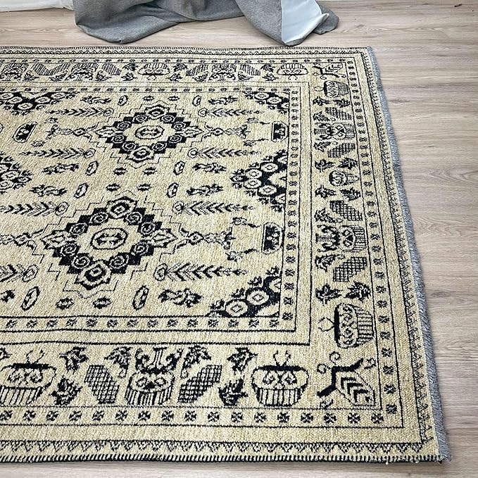 Alfa Rich 5x8 Beige Black Washable Area Rugs for Living Room Bedroom Kitchen Dining Cotton Rug