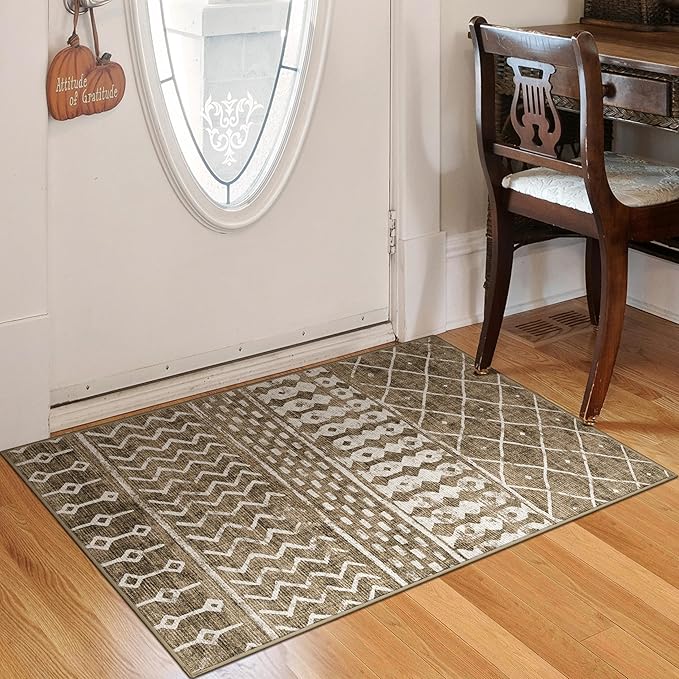 2x3 Machine Washable Area Rug for Entryway, Brown Vintage Moroccan Rug Non-Slip Low Pile Soft Faux Wool Small Carpet, Kids and Pets Friendly for Bedroom Kitchen Hallway Bedside Home Decor Rug