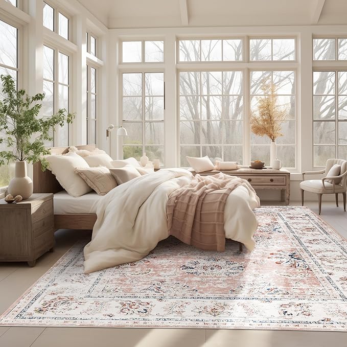 jinchan Fiora 8x10 Area Rugs for Living Room - Machine Washable Vintage Floral Distressed Design Stain Resistant Boho Carpet Low Pile Non-Slip Rug for Bedroom Dining Room Home Office (8‘x10', Pink)