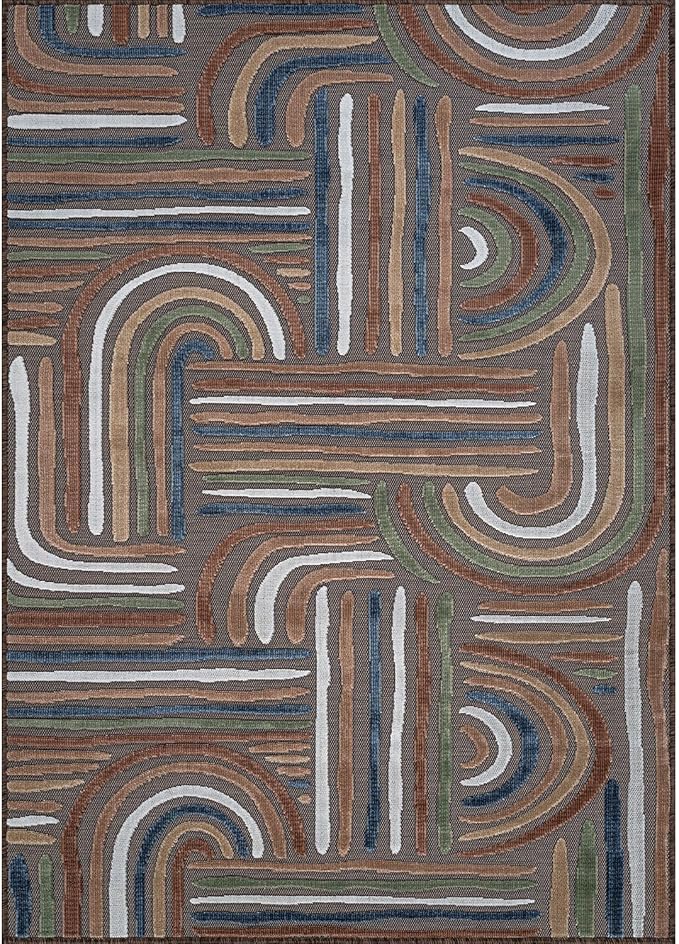 CAMILSON Indoor Outdoor Rug, Brown 6x9 Geometric Arch Striped Area Rugs for Patio and Home Areas, Easy-Cleaning Non-Shedding Living Room, Garden and Deck Washable Outside Carpet (6 x 9)