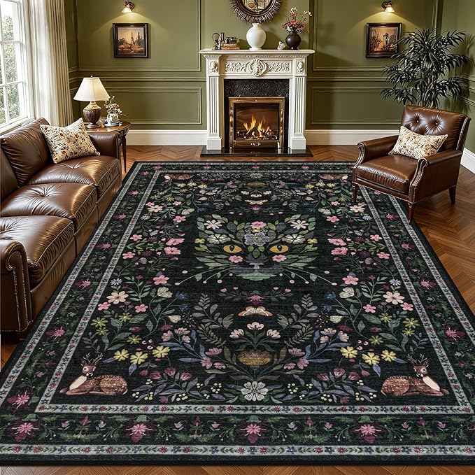 8x10 Area Rugs Living Room Rug: Vintage Washable Rug Floral Soft Carpet Indoor Floor Non-Slip Boho Stain Resistant Large Carpets for Bedroom Kids Nursery Dining Room Farmhouse Home Office Black/C02
