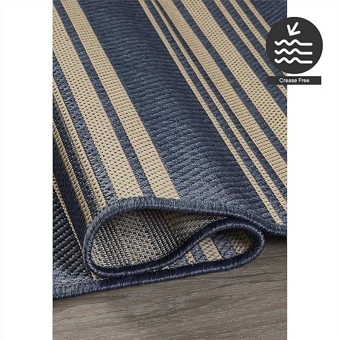 FH Home Outdoor Rug - Waterproof Easy to Clean Stain Resistant - Patio Indoor Outdoor Porch Deck Balcony Entryway - Striped Coastal - Newport - Blue - 5ft 2in x 7ft 6in