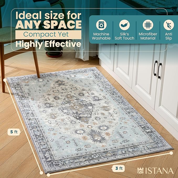 Istana 3x5 Area Rug - Blue Modern Rugs for Living Room 3x5 - Foldable Rugs for Bedroom/Living Room Rug - Stain Resistant Washable Rug - Eco-Friendly Small Area Rugs
