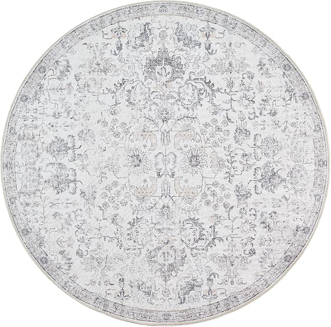 jinchan Kalen Round Rug 4ft Area Rug Washable Vintage Indoor Retro Entryway Floor Cover Distressed Gray Floral 4' Round Circle Boho Non Slip Thin Carpet for Bedroom Living Room Dining Room Grey