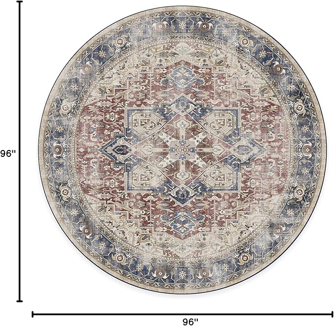 RUGGABLE Washable Vintage Area Rug – Kamran Royal Blue 8 ft Round, Stain-Resistant, Non-Slip – Large Machine Washable Rugs for Living Room, Bedroom, Hallway, Entryway & Office–with Standard Pad