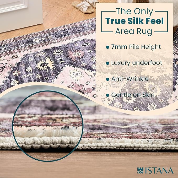Istana Area Rugs 9x12 - Dark Grey Blue/Rose Mauve Rugs for Bedroom - Foldable Big Rugs for Bedroom - Stain Resistant Rug 9x12 Area Rug - 9X 12 Area Rugs - Washable Area Rug - Beige Rug