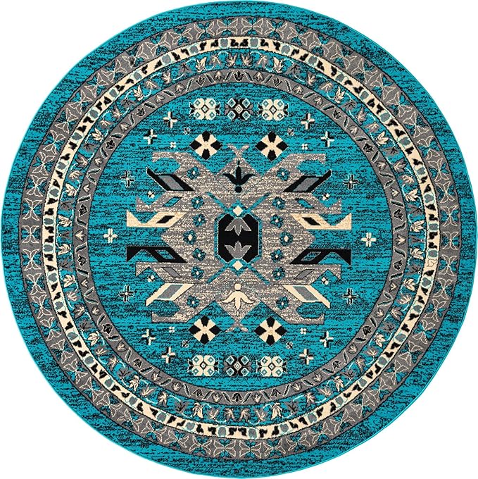 Unique Loom Taftan Collection Border Geometric Tribal Inspired Design Area Rug (8' 0 x 8' 0 Round, Turquoise/ Gray)