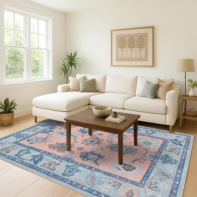 Fame Living Modern Oushak Rug, Vintage, Turkish, Eclectic, Floral, Pastel, Washable, Area Rugs for Living Room, Dining, Bedroom, Office, Entryway, Foyer, Playroom, Nursery, 5'x6'9"