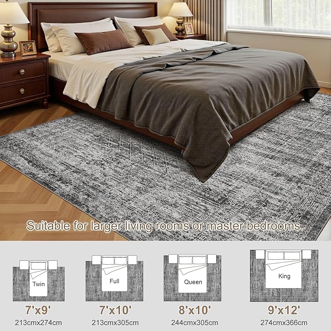 7x9 Area Rug Living Room Rugs - Washable Neutral Modern Abstract Soft Thin Rug Indoor Floor No Slip Rug Carpet for Bedroom Under Dining Table Home Office Decor - Dark Gray