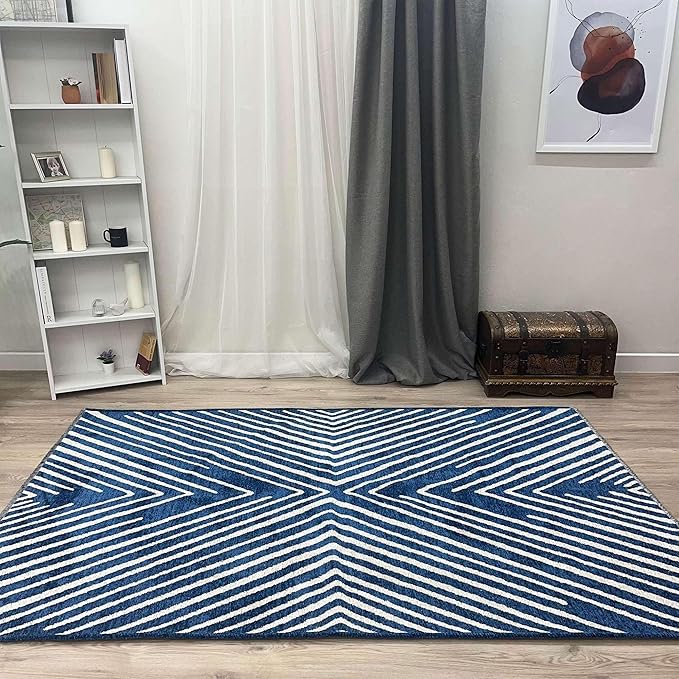 Alfa Rich 7x10 Geometric Navy Blue Off White Washable Area Rugs for Living Room Bedroom Cotton Rug